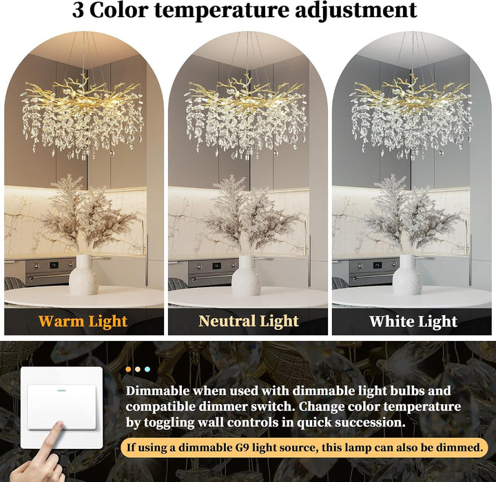 31.5" Tree Branch Chandelier 10-Light Gold Crystal Chandelier