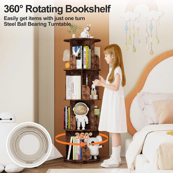 360°Rotating Bookshelf,4 Tier Corner Bookcase,Book Shelf,Floor Storage Wood Organizer for Sturdy,Home Office,Living Room,Bedroom,Kids Room
