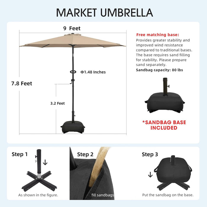 9FT Patio Umbrella with Base, Outdoor Umbrellas with Base Included, 8 Sturdy Ribs, Waterproof Fade Resistant POLYESTER DTY Canopy for Deck, Lawn, Garden, Backyard & Pool, Beige