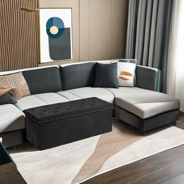 Black Storage Ottoman Bench for Bedroom, Folding Velvet Chest with Benches Foot Rest Stool, Large Long Shoes Chest for Bedroom, Living Room, 43.3"X15.7"X15.7"