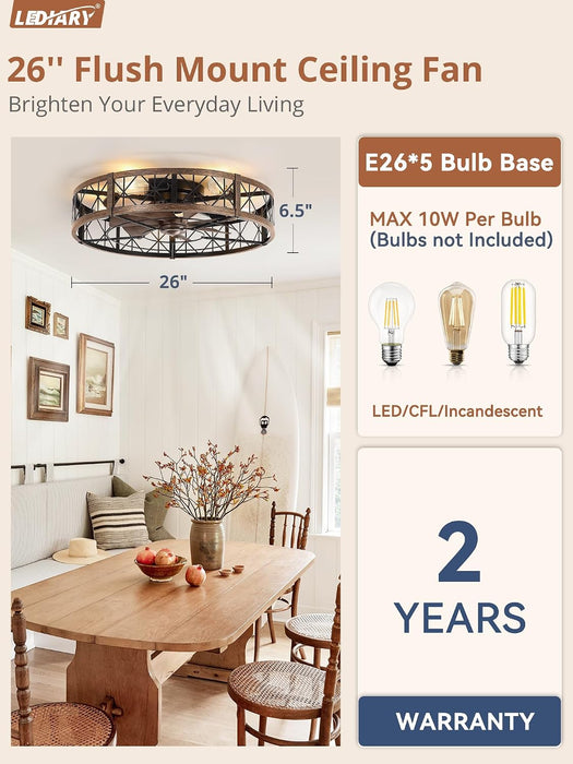 26" Flush Mount Caged Ceiling Fan with Light and Remote, Black Gold