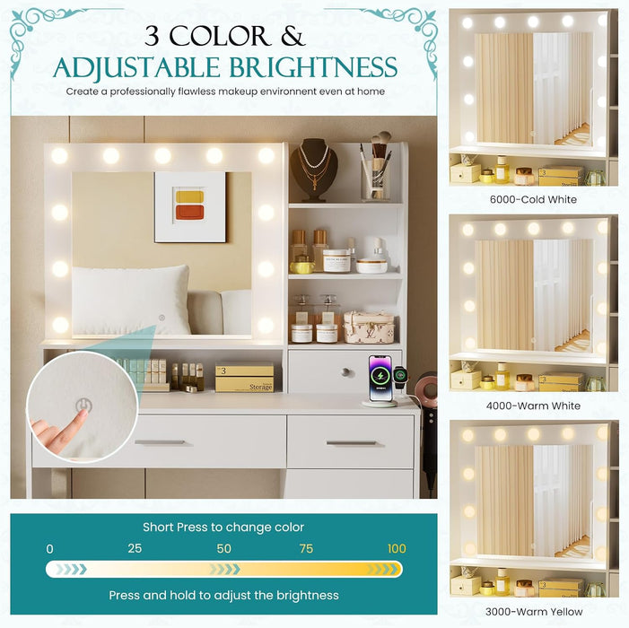 3 Lighting Modes Adjustable Brightness, with LED Lights and Mirror, with Power Outlets and 2 Drawers, 4 Storage Shelves Cabinet, White Makeup Table, Vanity Desk, Dressing Table for Bedroom