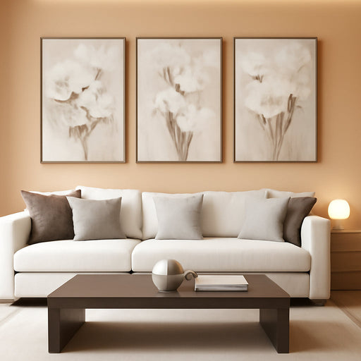 Extra Large Beige Floral Framed Wall Art 24X36 Inch Neutral White Flower Canvas Wall Art Farmhouse Wildflower Botanical Artwork for Living Room Bedroom Dining Room Set of 3