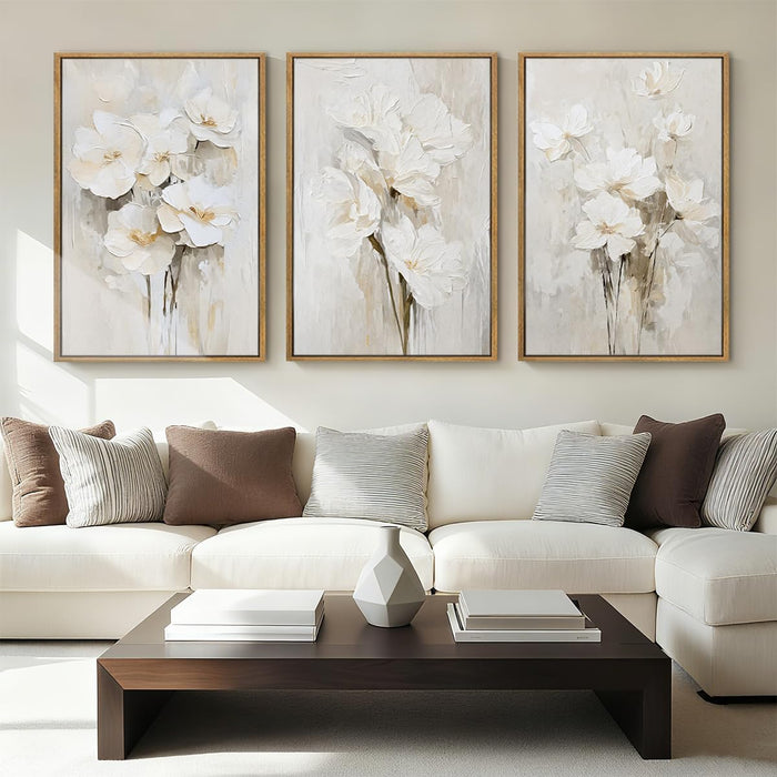 Extra Large Beige Floral Framed Wall Art 24X36 Inch Neutral White Flower Canvas Wall Art Farmhouse Wildflower Botanical Artwork for Living Room Bedroom Dining Room Set of 3