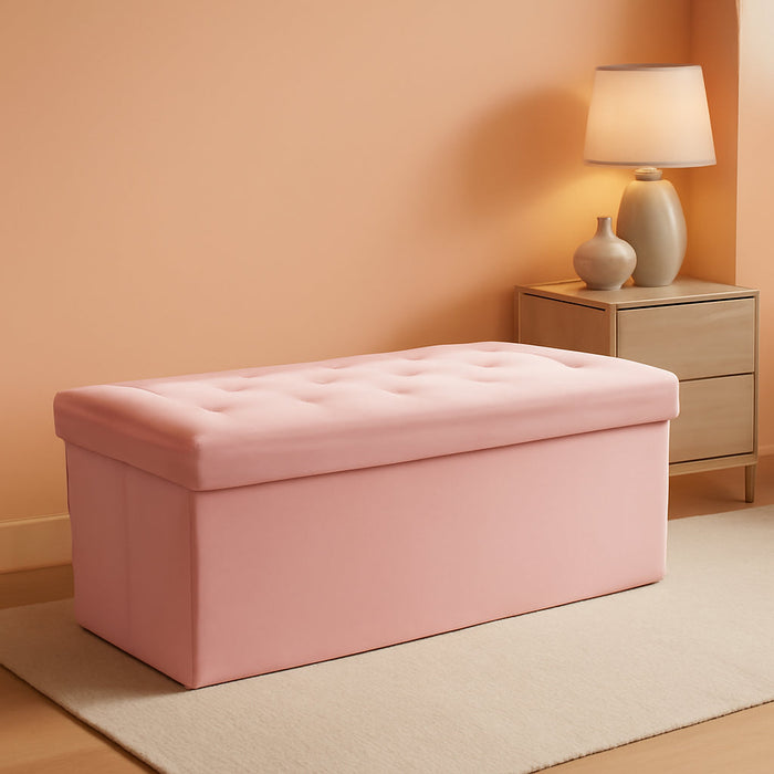 43 Inches Folding Storage Ottoman Bench, Velvet Ottoman with Storage for Living Room, Long Shoes Bench, Flannelette Footrest Benches Seat (Pink)