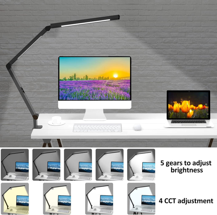 LED Desk Lamp with Clamp, Architect Desk Lamp with Dual Light and Adjustable Swing Arm, Clip-On Eye-Care 4 CCT Modes & 5 Brightness Levels Table Light Modern Computer Lighting for Home Office