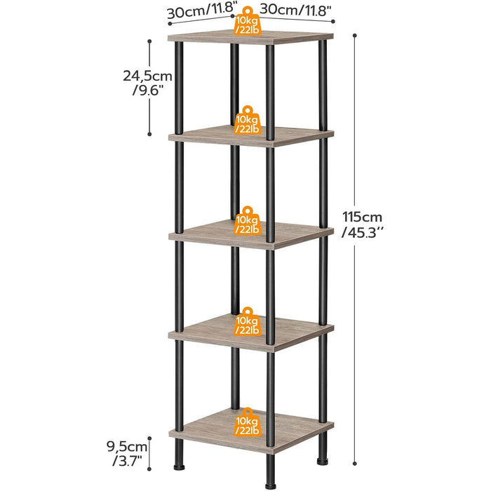 5-Tier Corner Shelf Stand, Corner Square Rack Display Shelf, Tall Storage Rack Plant Stand, Corner Bookcase for Small Spaces, Living Room, Home Office, Kitchen, Greige and Black BG50CJ01