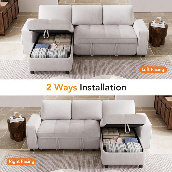 81" Sectional Sleeper Sofa with Pull Out Bed, L Shaped Sleeper Sofa, Pull Out Couch with Reclining Backrest, Reversible Storage Chaise, USB Ports, Tool-Free Assembly, Chenille Beige
