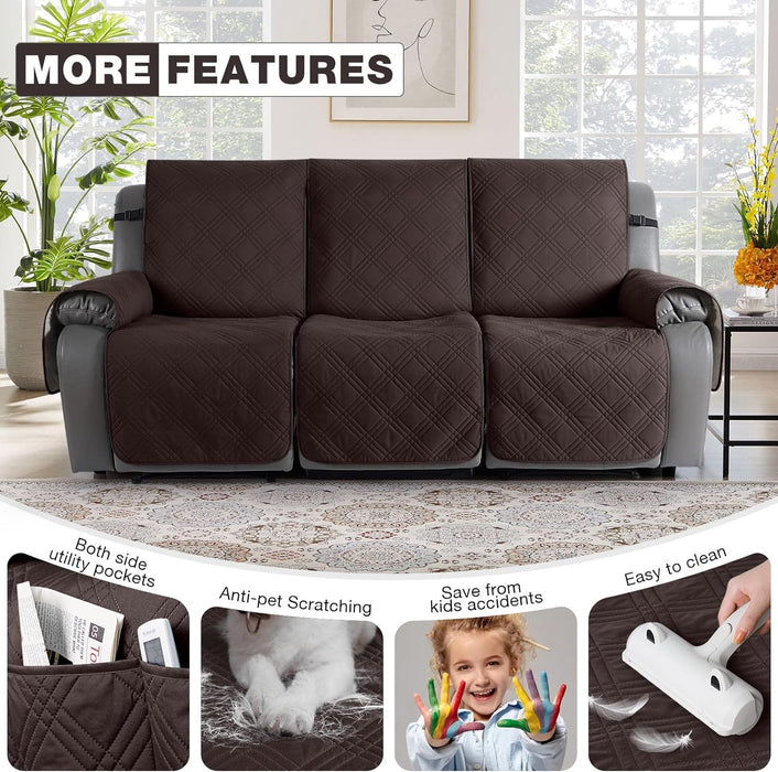 100% Waterproof Recliner Sofa Cover Non Slip Couch Cover for 3 Seat Reclining Sofa, Split Reclining Couch Covers 3-Piece with Straps, Washable Sofa Slipcover for Kids Pets(3 Seater, Chocolate)