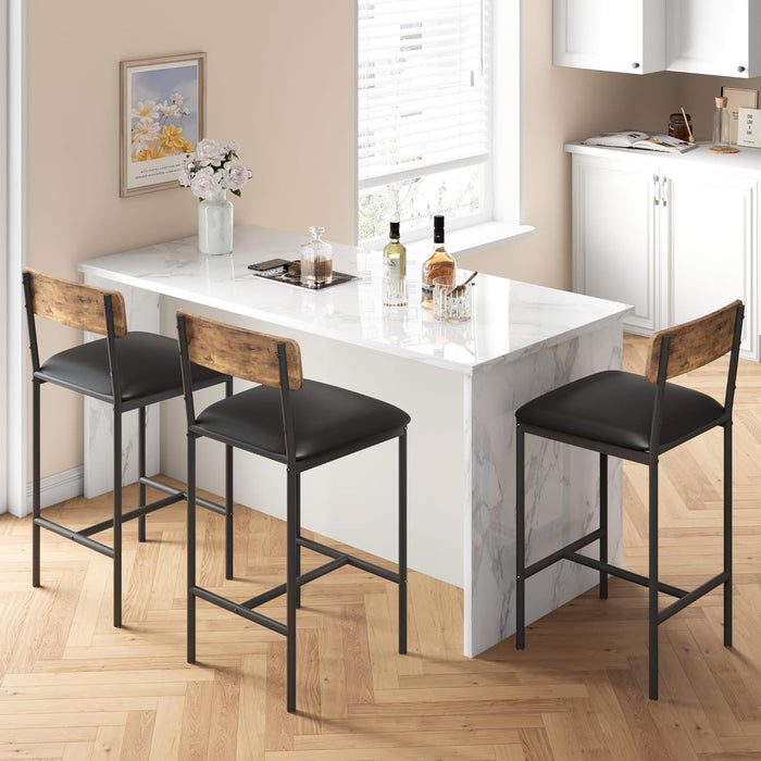 Bar Stools Set of 2, Upholstered Bar Chairs with Back, 25.5 Inches Kitchen Bar Stools with Footrest, Thick Cushion, Counter Height Barstools for Island, Counter Bar, Easy Assembly, Rustic Brown