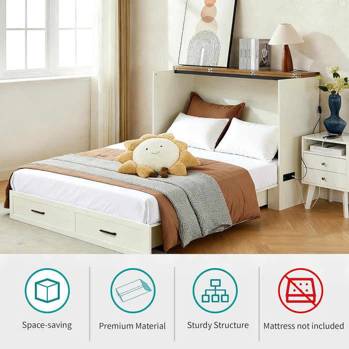Queen Murphy Bed with Charging Station Large Storage Drawer Farmhouse Wood Space Saving Hidden Foldable Cabinet Bed for Bedroom Office School, Rustic White
