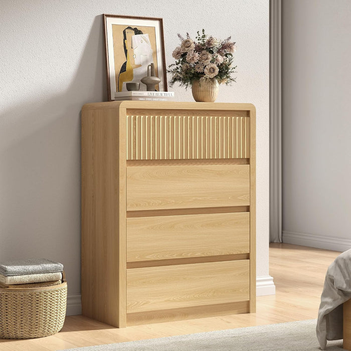 Fluted 4 Drawer Dresser for Bedroom, 40” Tall Modern Dresser & Chest of Drawers with Curved Profile Design, Wood Mid Century Dressers for Bedroom, Living Room, Oak