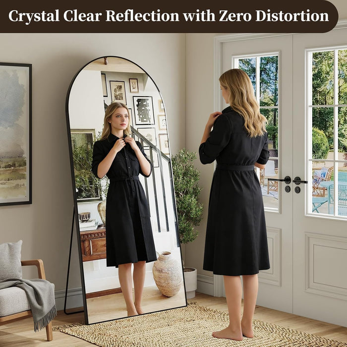 76"X35" Arched Full Length Mirror, Brushed Black Aluminum Frame Floor Mirror with Stand, HD Shatterproof Glass & Rust-Proof Body Mirror for Bedroom, Living Room, Bathroom, Entryway