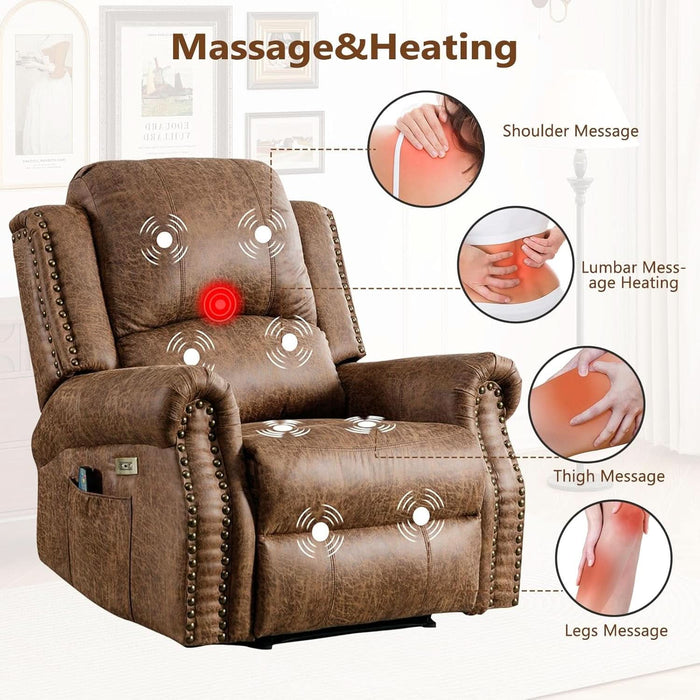 3-Piece Power Reclining Sofa Set with Rivets, Included Electric Massage Recliners, Loveseat Couch with Console and 3-Seater Recliner Sofa, Faux Leather Living Room Furniture Set, Brown