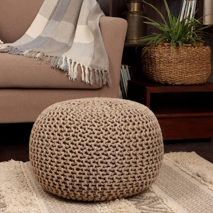 round Pouf Ottoman - Hand Knitted Cable Boho Poof Home Décor Pouffe Circular Footrest for Living Room - Nursery - Bedroom - Lounge 100% Cotton (18”X18”X14”) - Beige Ivory