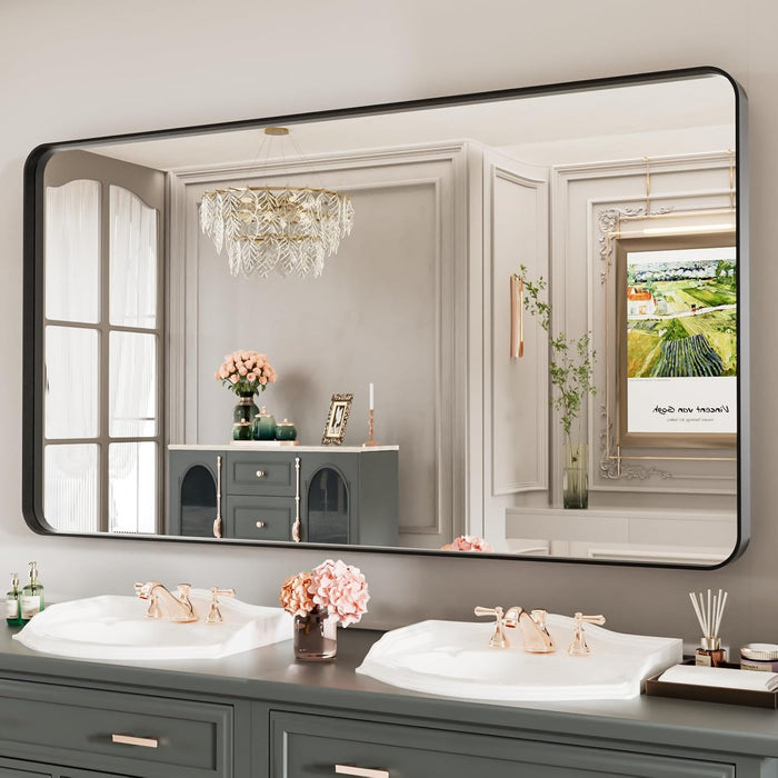 Black Metal Framed Bathroom Mirror for Wall, Large 55X30 Inch Rounded Rectangle Mirror, Matte Black Bathroom Vanity Mirror Farmhouse, Anti-Rust, Tempered Glass, Hangs Horizontally or Vertically