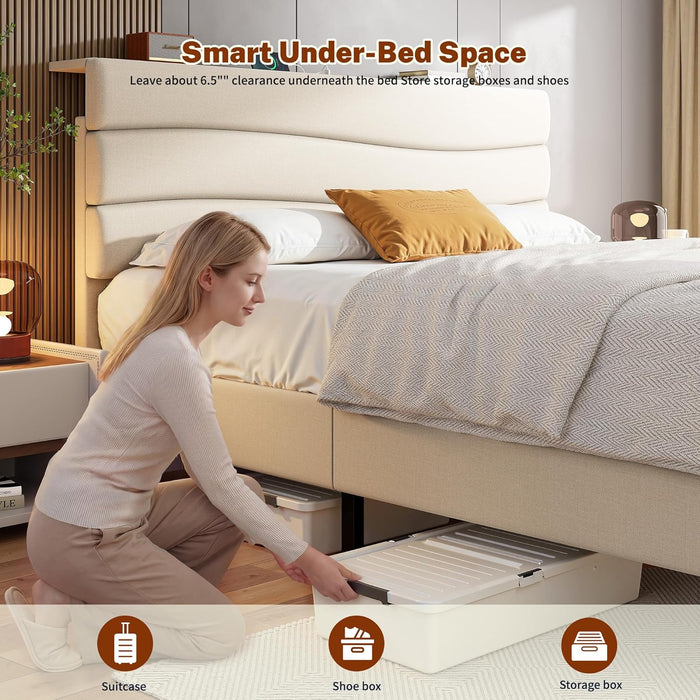 Queen Size Bed Frame, Upholstered Queen Bed Frame with Charging Stations, Storage Headboard Adjustable, Bedroom, Apartment, Dorm, Noise-Free, No Box Springs Needed, Beige