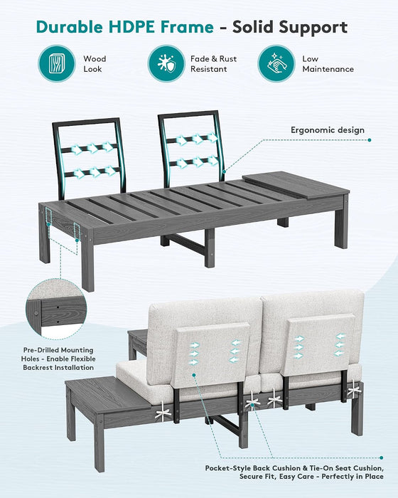 HDPE Outdoor Furniture Set, 4 Seats Outdoor Sectional with Coffee Table, All-Weather Patio Sofa Set, Patio Conversation Sets with Adjustable Backrest Sofa for Garden, Backyard, Grey with Beige