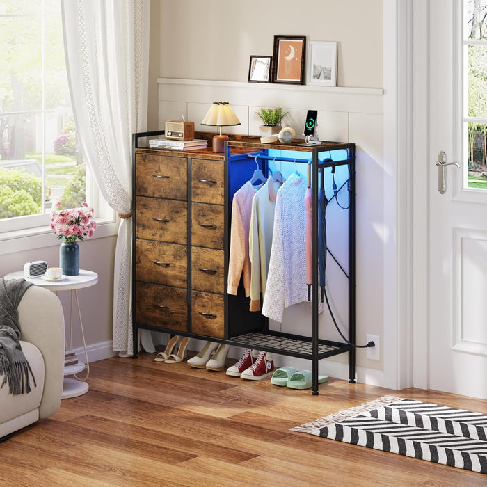 Dresser with Hanging Rack, 8-Drawer Dresser for Bedroom with Charging Station & LED Lights, Fabric Dressers with Shoe Rack, Rustic Brown, 11.8" D X 42" W X 42.7" H (8 Drawers)