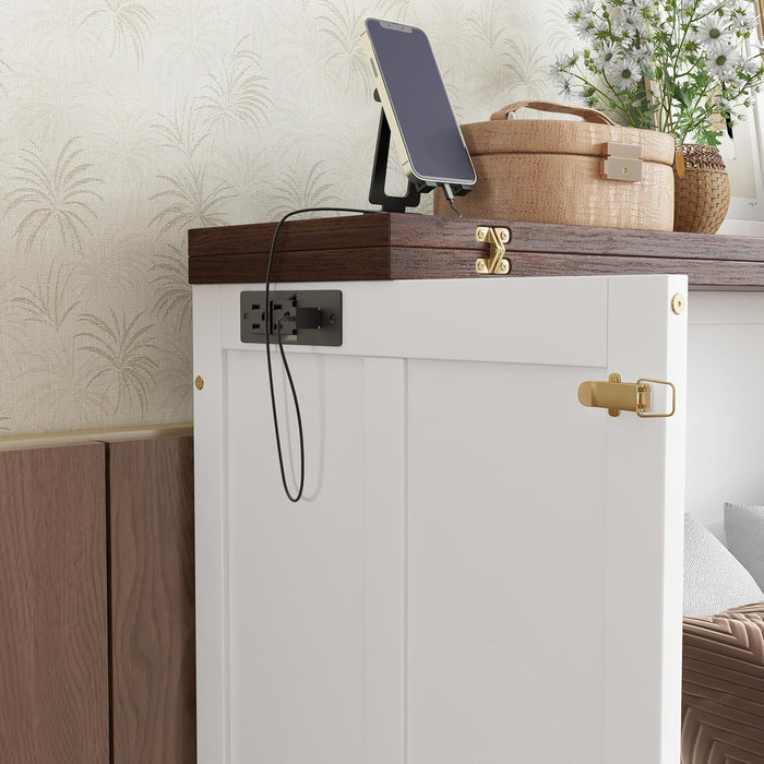 Full Size Murphy Bed W/Storage Drawer,Murphy Bed Cabinet W/ 2 USB Port & Power Outlets,Hidden Foldable Wall Bed Frame for Home Office,Apartment,Guest Room,White-Walnut