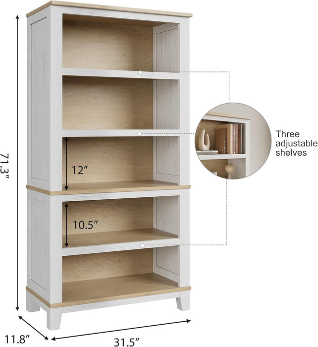 71" Farmhouse Bookcase W/Adjustable Shelves & 31.5" Width, 5 Tier Tall Bookshelf with Wooden Legs, Rustic Vintage Book Shelf for Living Room Office Library (White+Wood)