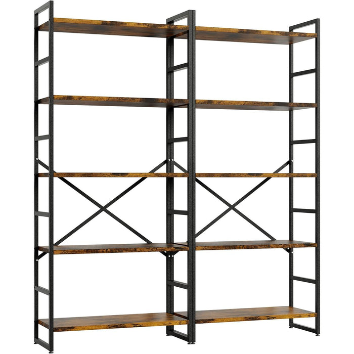 2 Pieces 5 Tiers Bookshelf, Classically Tall Bookcase Shelf, Industrial Book Rack, Modern Book Holder in Bedroom/Living Room/Home/Office, Storage Rack Shelves for Books/Movies-Rustic Brown