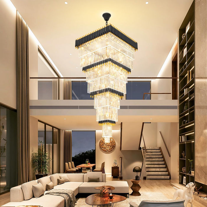 W32In X H94.5In Large Black Gold Crystal Chandelier,Square Crystal Raindrop Chandelier High Ceiling Pendant Light for Entrance Villa Foyer Ceiling Lighting Fixtures