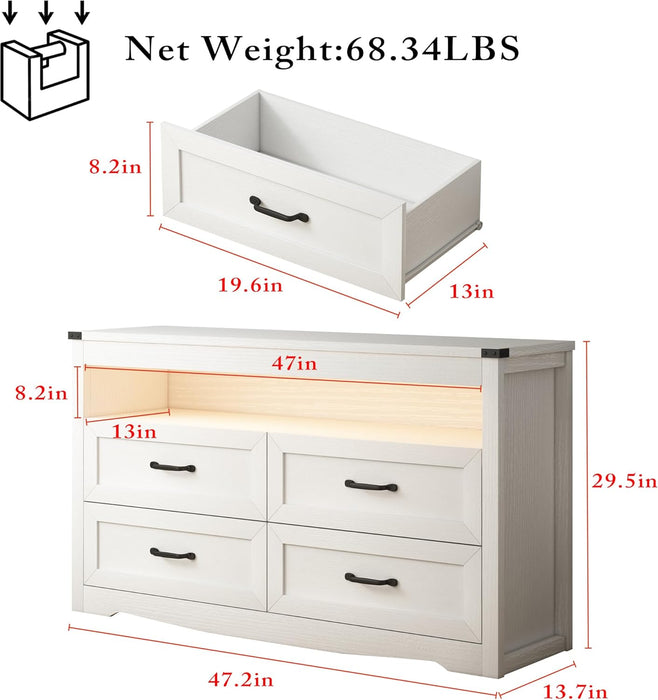 White Dresser for Bedroom, Wood 4 Drawer Dresser with LED Light, Dressers & Chests of Drawers with Metal Handles, Storage and Organization for Bedroom, Hallway, Entryway