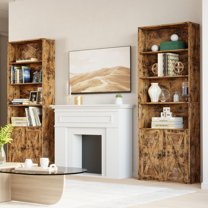 Industrial Bookshelves and Bookcases with Doors Set of Two Floor Standing 6 Shelf Display Storage Shelves 70 in Tall Bookcase for Home Office, Living Room