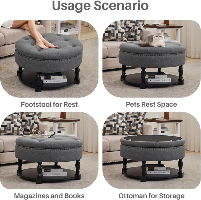 31.5" Large round Ottoman Coffee Table with Storage, Upholstered Button Tufted Linen Ottoman, Large Shelf Storage with Solid Wooden Legs for Living Room，Dark Gray