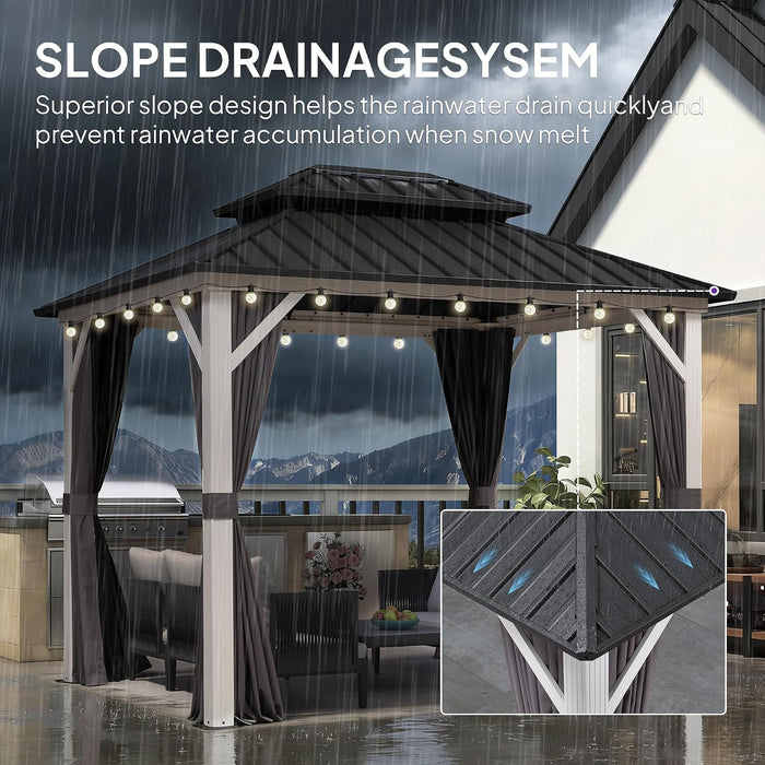 8' X 10' Outdoor Gazebo Galvanized Steel Double Roof White Aluminum Frame Hardtop Heavy Duty Gazebo with Curtain and Netting for Patio Garden and Backyard, Grey