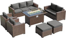 Outdoor Wicker Patio Furniture Set - 10 Pieces, Sectional Couch with Ottoman, Conversation Set with 44" Gas Fire Pit (Grey)