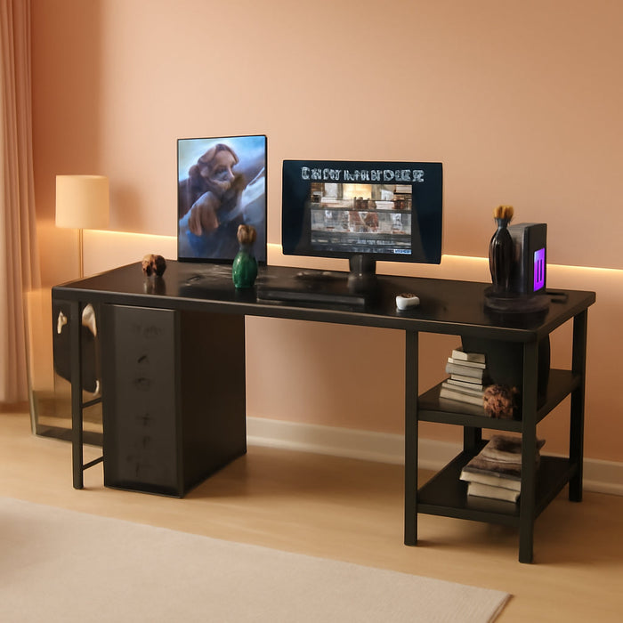 L Shaped Gaming Desk with Drawers & Storage Shelves, 55 Inch Corner Computer Desk with Power Outlet for Home Office Bedroom, L-Shaped Teen PC Desks with Fabric Drawer, Black