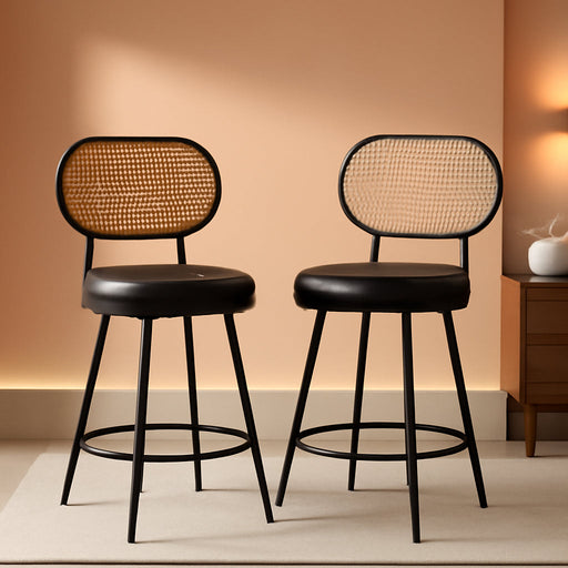 Counter Height Bar Stools Set of 2, 26" Seat Height Barstools with Rattan Back and Metal Legs, Upholstered Faux Leather Bar Chairs for Kitchen Island, Home Bar, Black