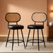 Counter Height Bar Stools Set of 2, 26" Seat Height Barstools with Rattan Back and Metal Legs, Upholstered Faux Leather Bar Chairs for Kitchen Island, Home Bar, Black