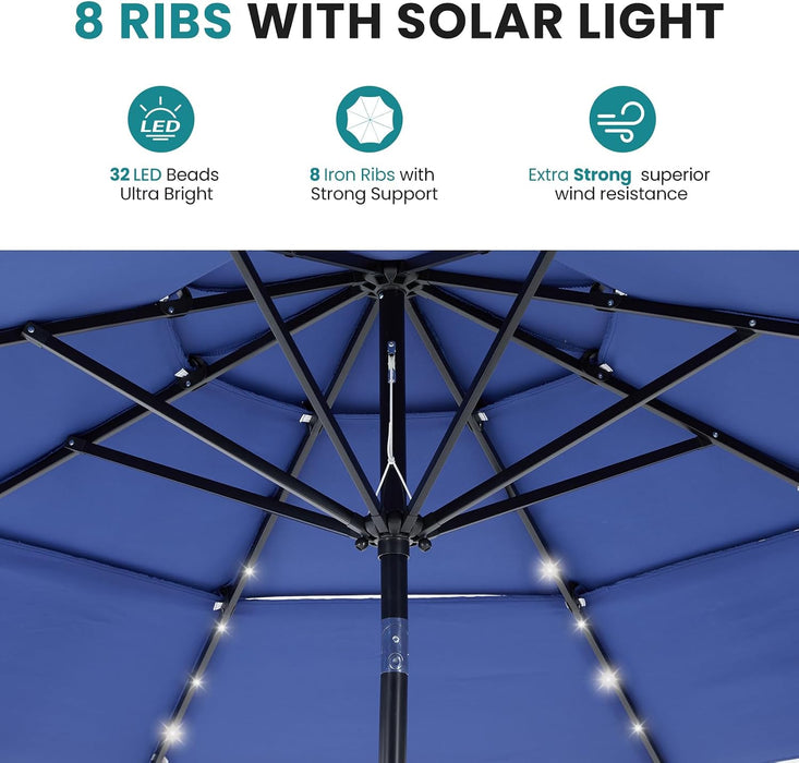 Outdoor Solar Patio Umbrella 3 Tiers with 32 LED Lights, Beach Market Table Umbrella with Crank and 8 Sturdy Ribs for Pool, Terrace, Restaurant