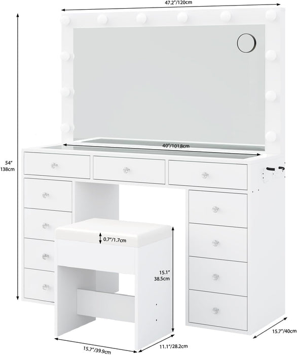 Vanity Desk with Power Outlet, Makeup Vanity with Mirror and 12 LED Lights, 3 Lighting Modes,11 Drawers Vanity Table with Chair, Glass Top, Dressing Table for Bedroom,Dressing Room, White
