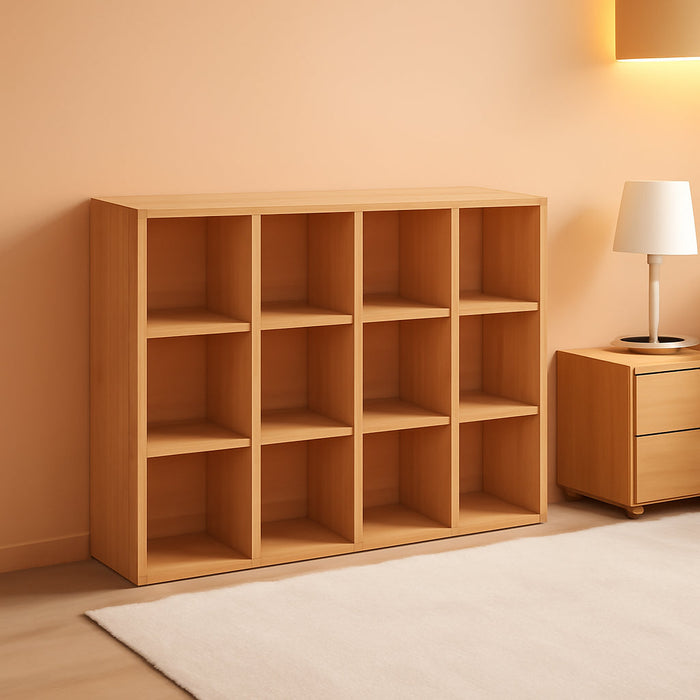12-Cube Storage Shelf Bookcase - Wooden 3-Tier Floor Standing Open Bookshelf for Home and Office, Display Cabinet, Oak