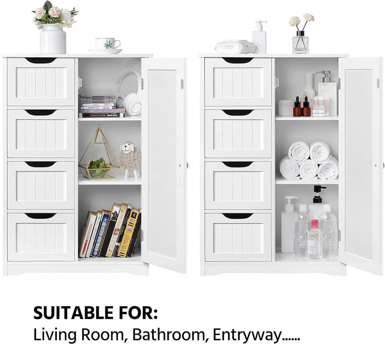 Wooden Floor Cabinet, Side Storage Organizer with 4 Drawers and 1 Cupboard, Freestanding Entryway Storage Unit Console Table, Bathroom Furniture Home Decor, White