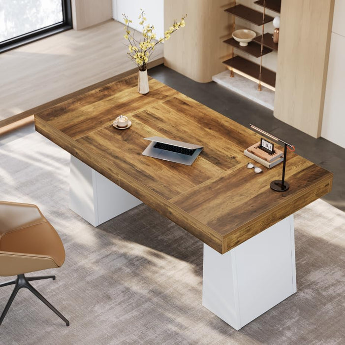 55-Inch Executive Desk, Large Wood Office Computer Desk with Double Pedestal, Modern Minimalist Workstations Writing Table Conference Table Furniture for Home Office, Brown&White