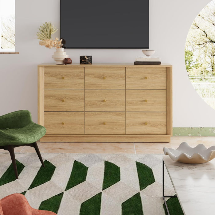 9 Drawer Dresser, Mid Century Modern Dresser with Storage, 55" Wide Chest of Drawers with Wood Grain Texture, Dressers TV Stand for Bedroom, Living Room, Hallway, Gold Oak