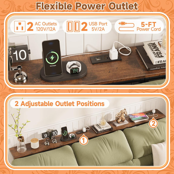 78.8 Inch Narrow Console Table with Power Outlets, 25.2"-35" Adjustable Height Skinny behind the Couch Table with Fabric Storage, Long Sofa Table for Living Room, Entryway, Rustic Brown