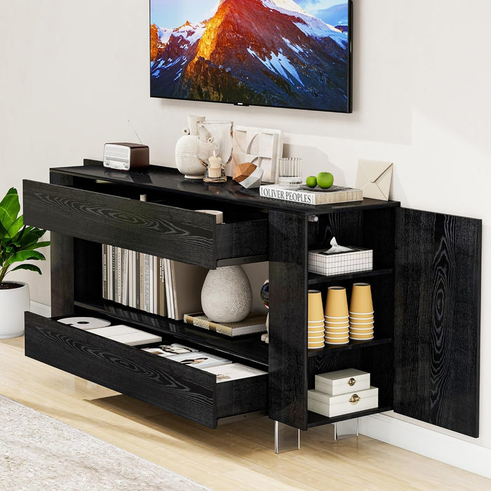 TV Stand for 65 Inch with 2 Large Drawers & Hidden Storage Cabinets, Modern Farmhouse Entertainment Center Television Stands for Living Room Bedroom, Black