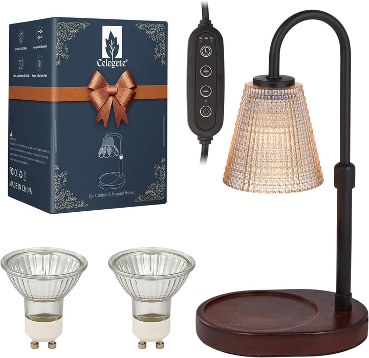 Premium Candle Warmer Lamp with Timer Dimmer-Height Adjustable Wax Melter Suitable for Yankee/Any Jar Candle, Flameless Heater with Wood Base & Amber Glass,New Home Gifts for Women Mom Daughter Friend