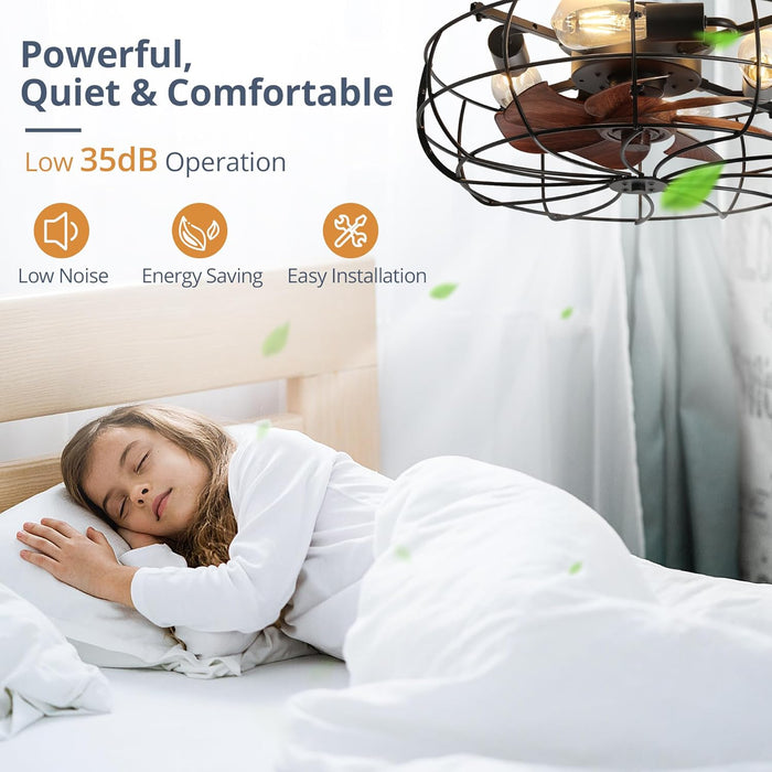 20" Caged Ceiling Fans with Lights and Remote, Flush Mount Bladeless Low Profile, Small Farmhouse Industrial Enclosed Ceiling Fan for Bedroom, Kitchen, Indoor