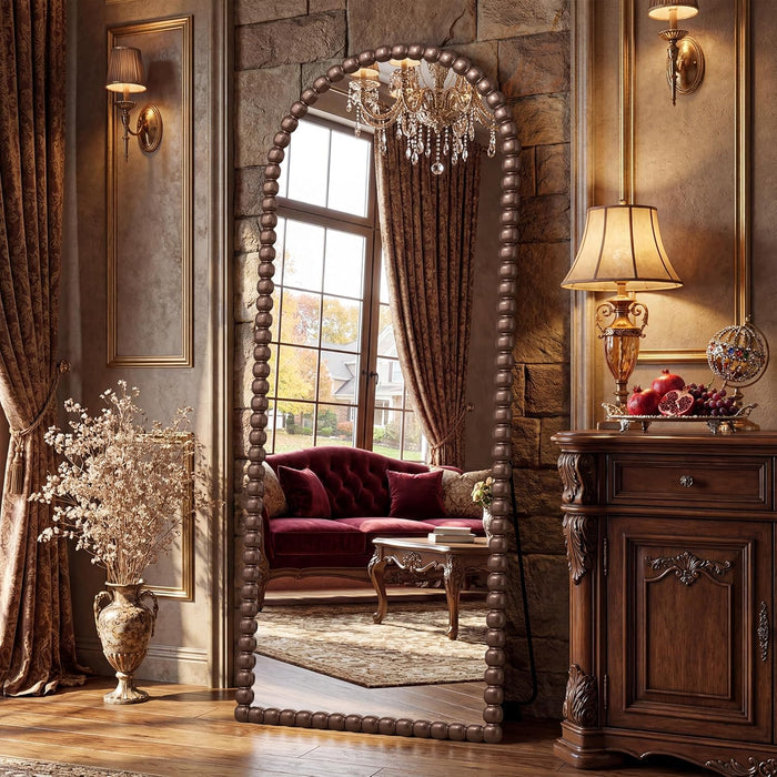 71" X 28" Arched Full Length Mirror, Antique Beaded Frame Floor Standing or Wall Mounted Mirror with Stand for Bedroom, Entryway, Brown, Luxury Style