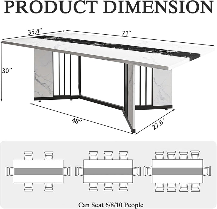 71 Inch Dining Table for 6 8 10 People, Rectangular Faux Marble Kitchen Dining Table Wooden, Modern Large Tabletop and Metal Adjustable Feet, White
