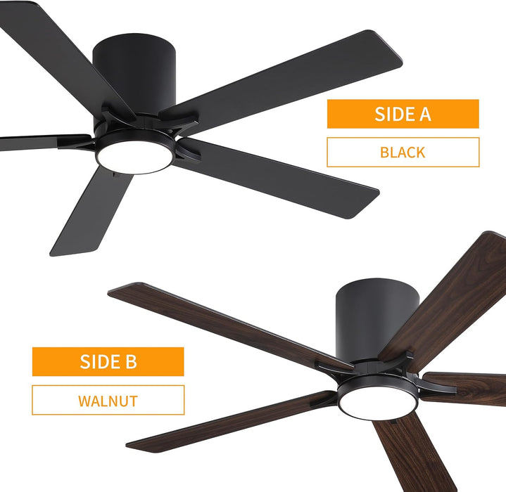 48" DC Flush Mount Ceiling Fan with Lights, 6-Speed Reversible DC Motor, 3CCT, Low Profile Hugger Ceiling Fan for Living Room Bedroom Kitchen, Black Finish and Black/Walnut Blades