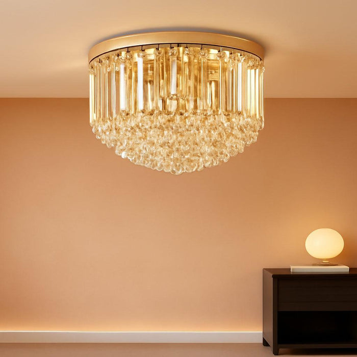 Modern 3-Lights Crystal Chandelier French Gold,11.8" Semi Flush Mount Crystal Ceiling Light LED round Chandelier Light E12 Base for Bedroom Living Room