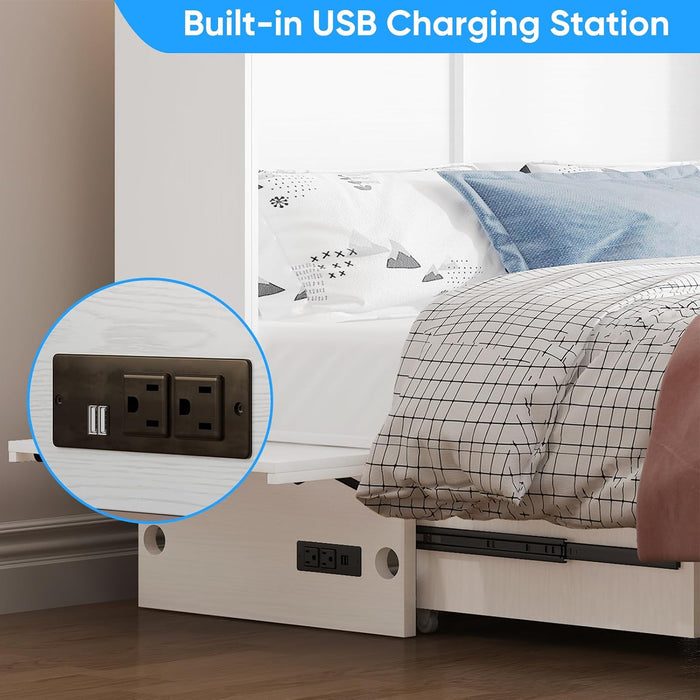 Queen Murphy Bed Cabinet USBPorts With DrawerStorage